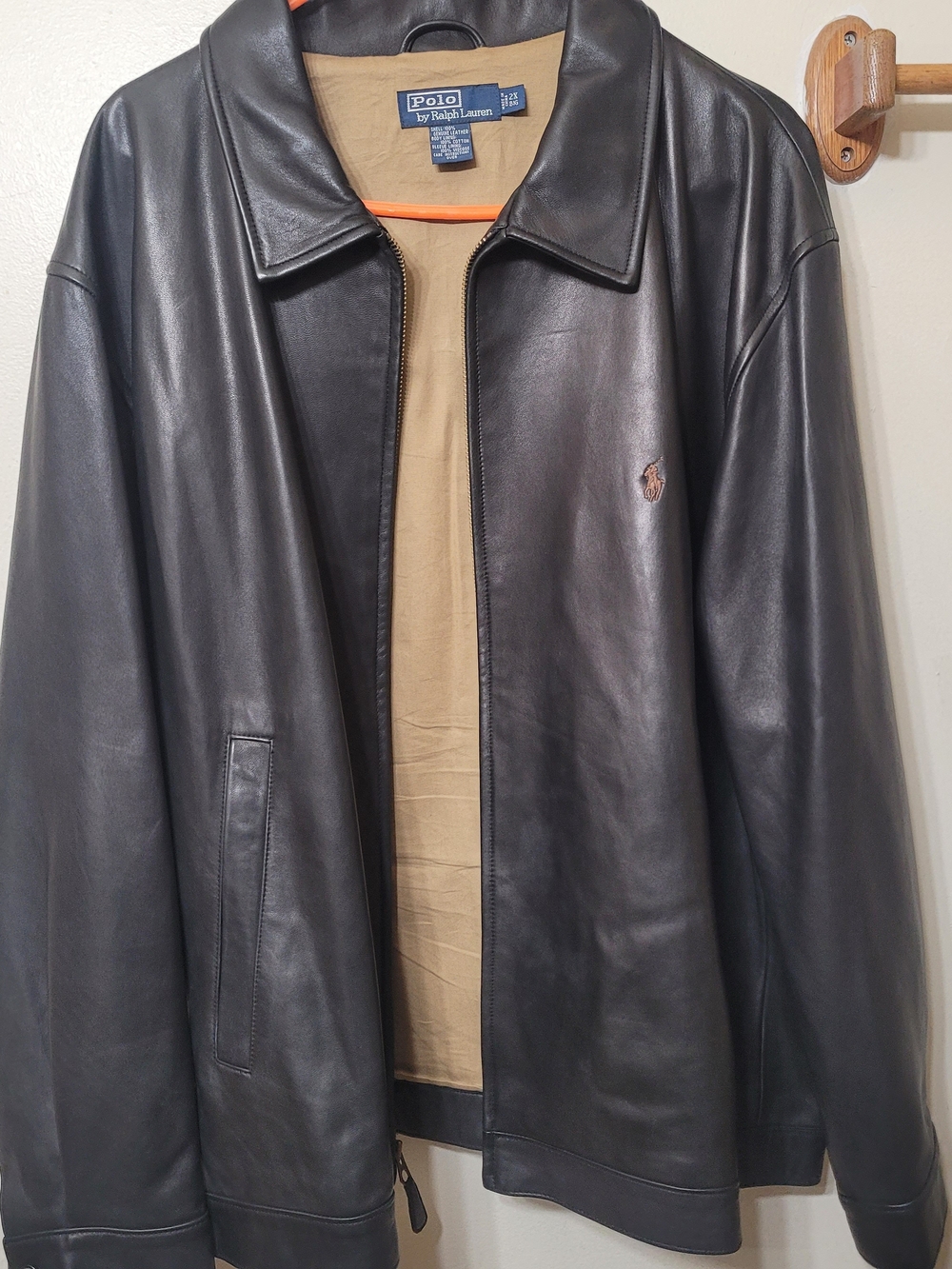 Vintage Polo Ralph Lauren Black Leather Harrington Jacket 90s Mens 2X Big Coat